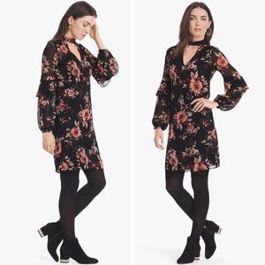 White House Black Market Black Long-Sleeve Floral Choker Shift Dress